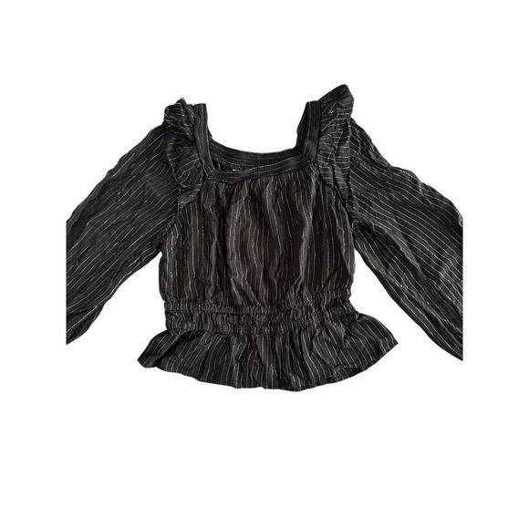 Universal Thread Women Black Metallic Stripe Long Sl S | Ruffle Square Neck Top - Picture 2 of 10